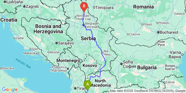 Map: Ohrid Airport (OHD) to Belgrade city (all areas)