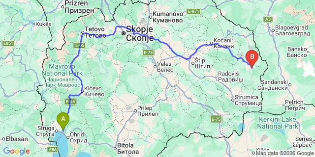 Map: Ohrid Airport (OHD) to Berovo