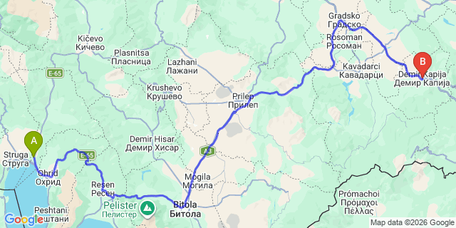 Map: Ohrid Airport (OHD) to Demir Kapija