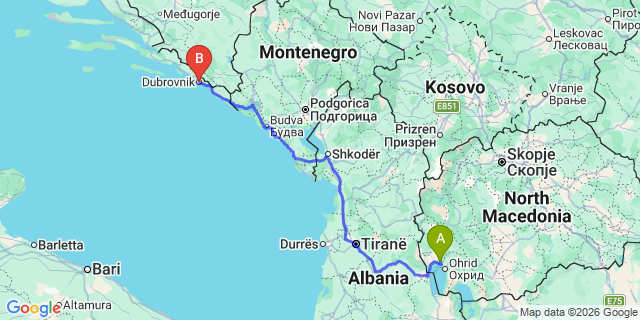 Map: Ohrid Airport (OHD) to Dubrovnik