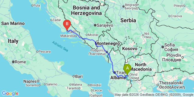 Map: Ohrid Airport (OHD) to Kaštel Lukšić
