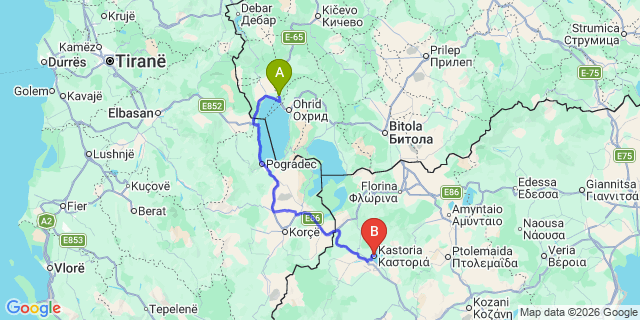 Map: Ohrid Airport (OHD) to Kastoria