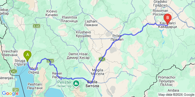 Map: Ohrid Airport (OHD) to Kavadarci