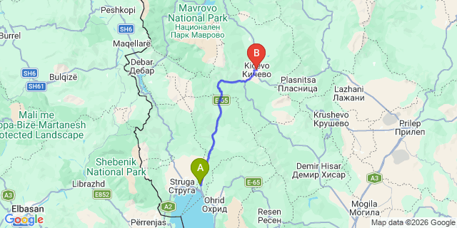 Map: Ohrid Airport (OHD) to Kichevo