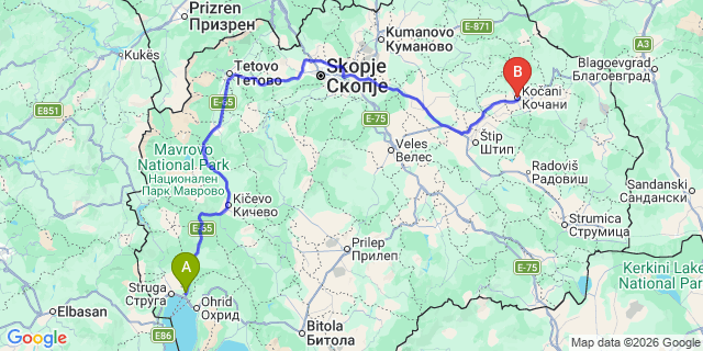 Map: Ohrid Airport (OHD) to Kočani