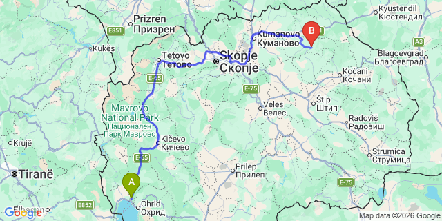 Map: Ohrid Airport (OHD) to Kratovo