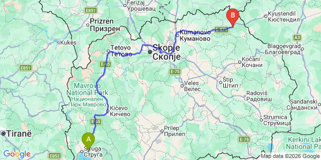 Map: Ohrid Airport (OHD) to Kriva Palanka