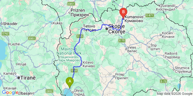 Map: Ohrid Airport (OHD) to Kumanovo