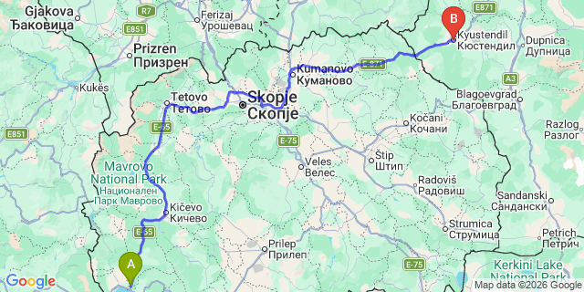 Map: Ohrid Airport (OHD) to Kyustendil