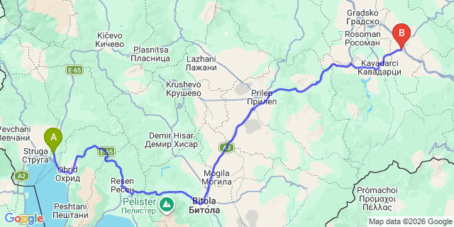 Map: Ohrid Airport (OHD) to Negotino