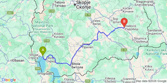 Map: Ohrid Airport (OHD) to Radoviš