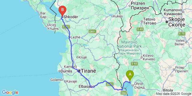 Map: Ohrid Airport (OHD) to Shkodra