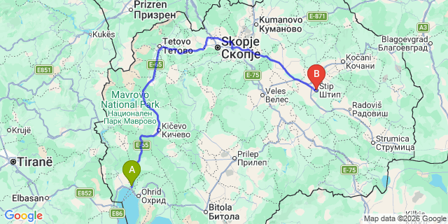 Map: Ohrid Airport (OHD) to Štip