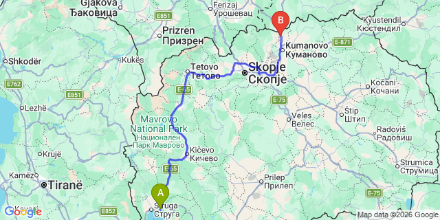 Map: Ohrid Airport (OHD) to Tabanovce