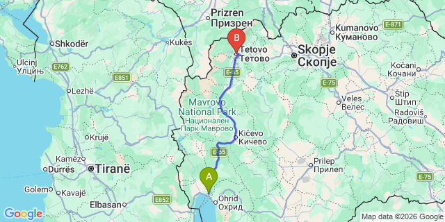 Map: Ohrid Airport (OHD) to Tetovo