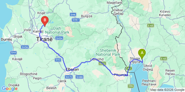 Map: Ohrid Airport (OHD) to Tirana city (all areas)