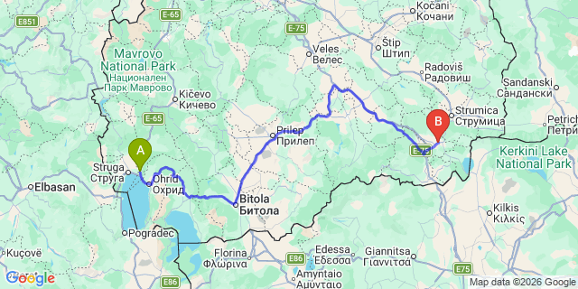 Map: Ohrid Airport (OHD) to Valandovo