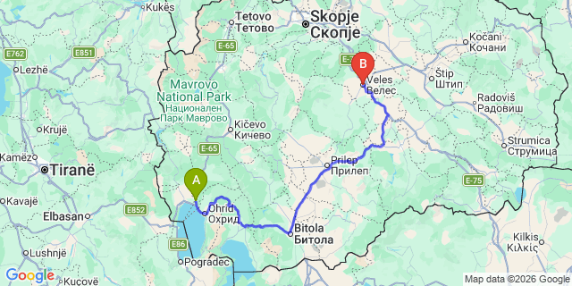 Map: Ohrid Airport (OHD) to Veles