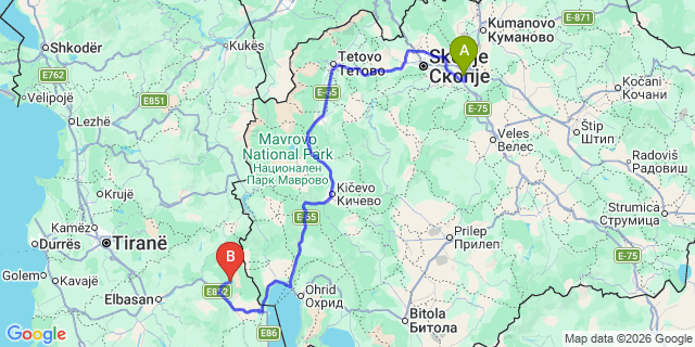 Map: Skopje Airport (SKP) to Belgrade city (all areas)