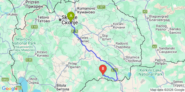 Map: Skopje Airport (SKP) to Demir Kapija