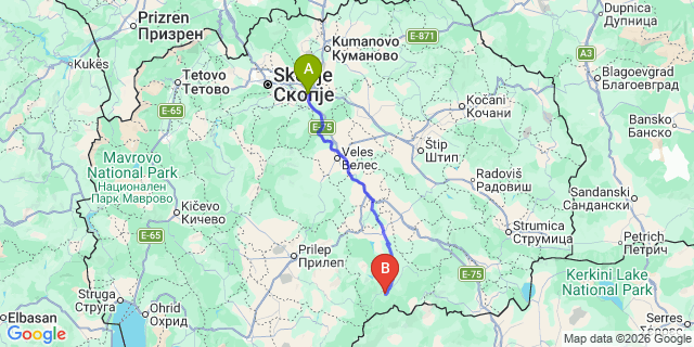 Map: Skopje Airport (SKP) to Kavadarci