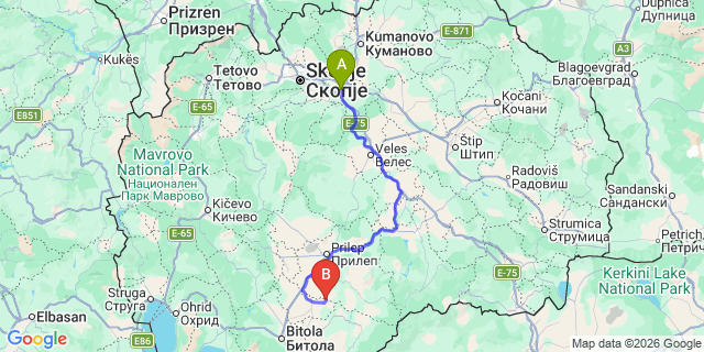 Map: Prilep to Skopje Airport (SKP)