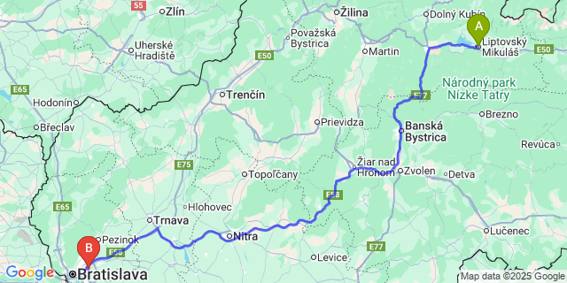 Map: Bratislava Airport (BTS) to Liptovsky Mikulas