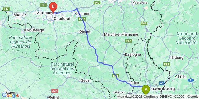 Map: Charleroi Airport Brussels South (CRL) to Bettembourg