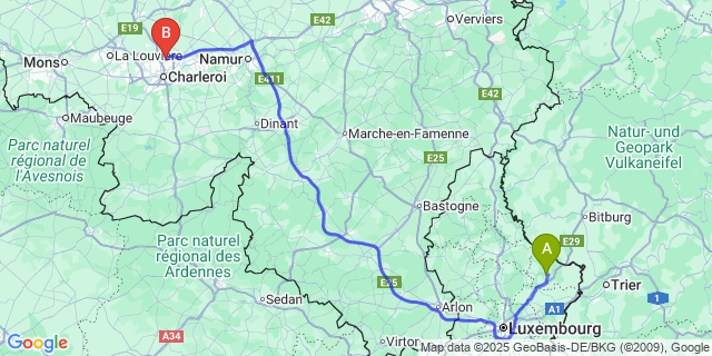Map: Charleroi Airport Brussels South (CRL) to Consdorf