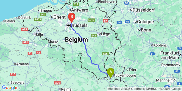 Map: Brussels Zaventem Airport (BRU) to Mondercange