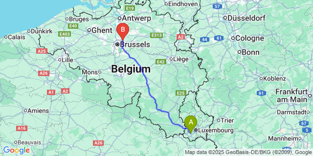 Map: Brussels Zaventem Airport (BRU) to Reckange-sur-Mess