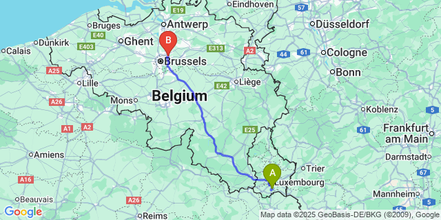 Map: Brussels Zaventem Airport (BRU) to Roeser