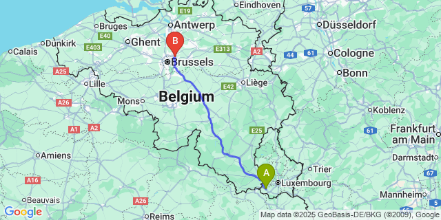 Map: Brussels Zaventem Airport (BRU) to Sanem