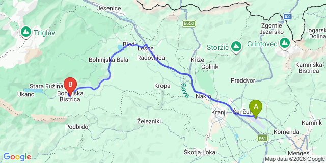 Map: Ljubljana Airport (LJU) to Bohinjska Bistrica
