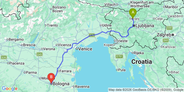 Map: Ljubljana Airport (LJU) to Bologna