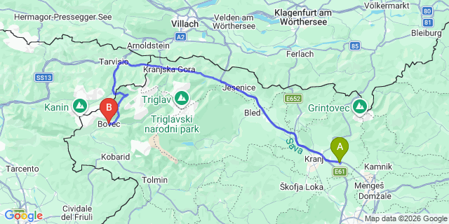 Map: Ljubljana Airport (LJU) to Bovec