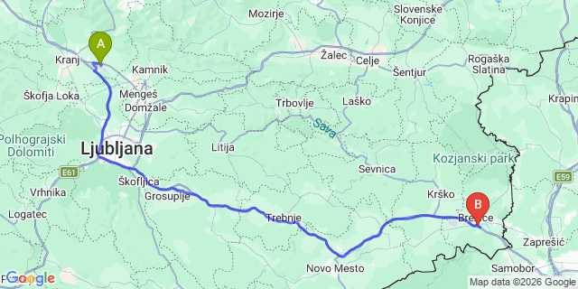 Map: Ljubljana Airport (LJU) to Catez