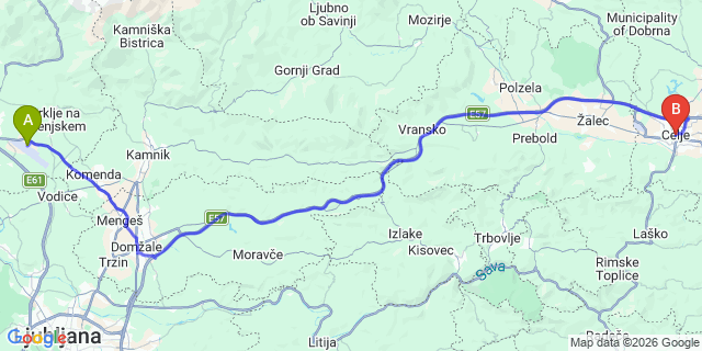 Map: Ljubljana Airport (LJU) to Celje