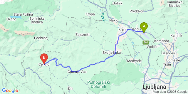 Map: Ljubljana Airport (LJU) to Cerkno