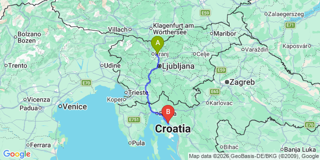 Map: Ljubljana Airport (LJU) to Crikvenica