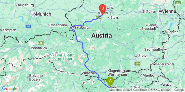 Map: Ljubljana Airport (LJU) to Feistritz im Rosental