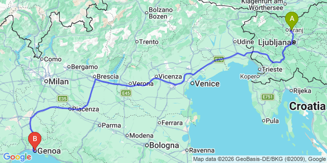 Map: Ljubljana Airport (LJU) to Genoa
