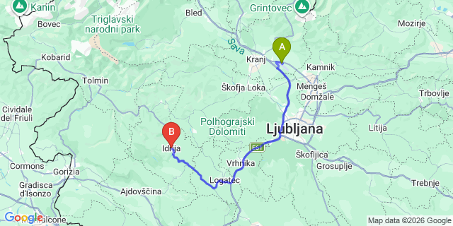 Map: Ljubljana Airport (LJU) to Idrija