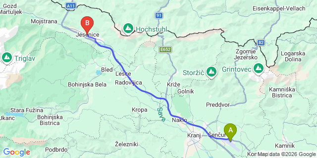 Map: Ljubljana Airport (LJU) to Jesenice