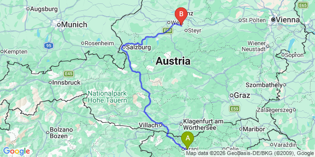 Map: Ljubljana Airport (LJU) to Klagenfurt