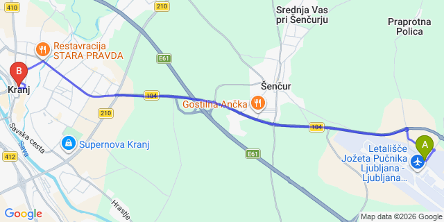 Map: Ljubljana Airport (LJU) to Kranj