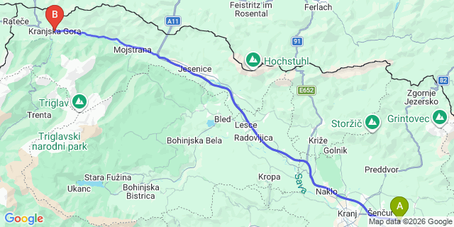 Map: Ljubljana Airport (LJU) to Kranjska Gora