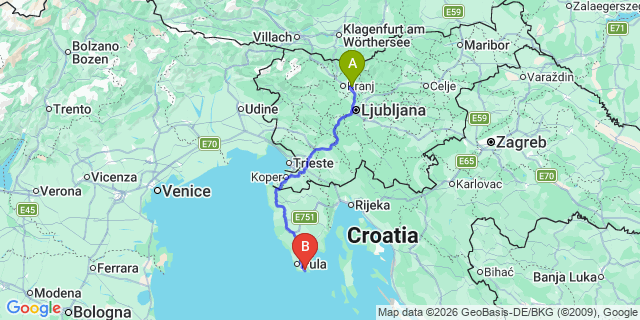 Map: Ljubljana Airport (LJU) to Medulin