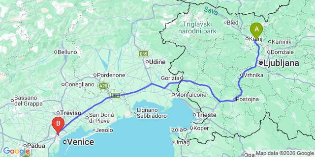 Map: Ljubljana Airport (LJU) to Mestre