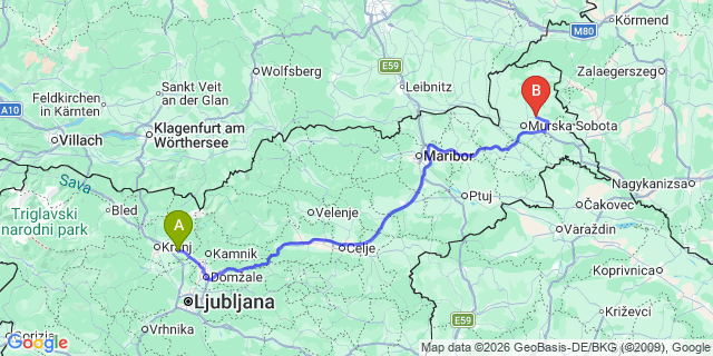 Map: Ljubljana Airport (LJU) to Moravske Toplice